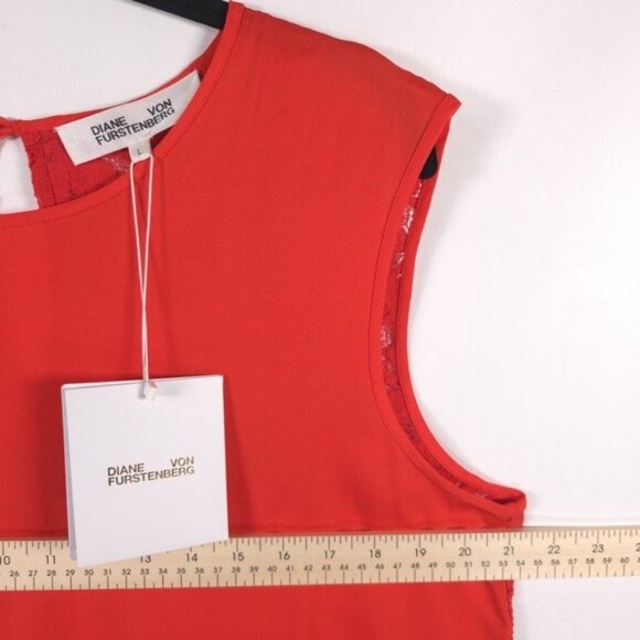 NWT DIANE VON FURSTENBERG Coral Red Sleeveless Shell 12215DVF Lace Top LARGE - Picture 4 of 11